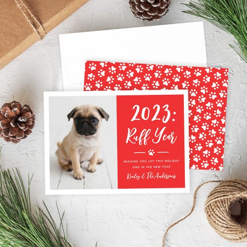 2023 Ruff Year Red Funny Dog Photo Holiday Card