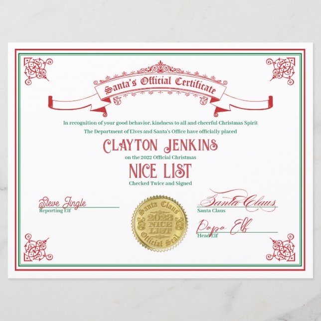 2023 Santa Nice List Certificate (Front)