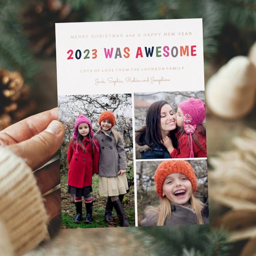 2023 was awesome multicolor Christmas 3 Photo Foil Holiday Card