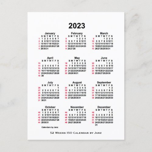 2023 White 52 Week ISO Calendar by Janz Postcard