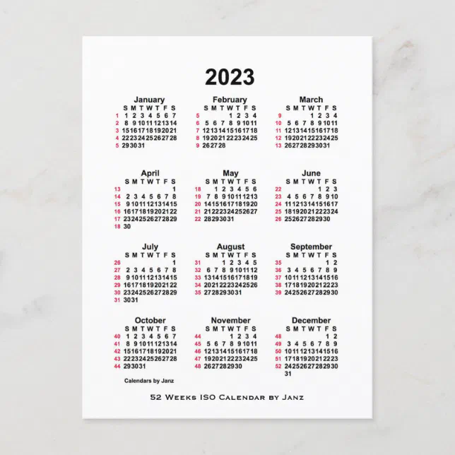 2023 White 52 Week ISO Calendar by Janz Postcard | Zazzle