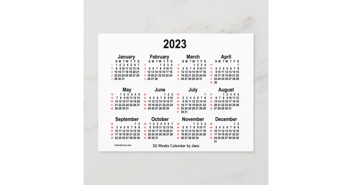 2023 White 52 Weeks Calendar by Janz Postcard Zazzle