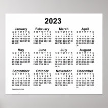 Simple Black & White 2024 Year At Glance Calendar Poster