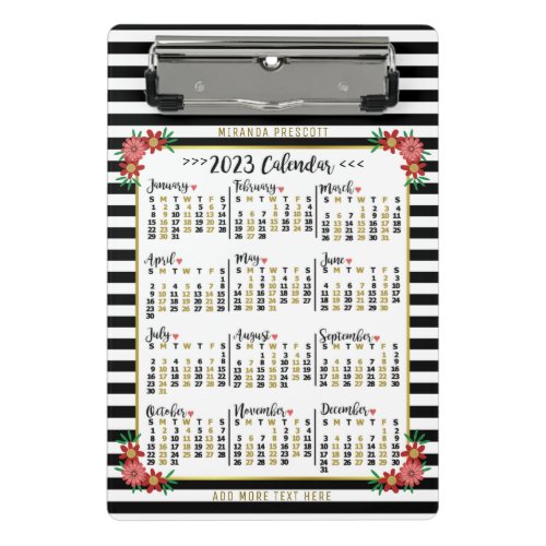 2023 Year Calendar Cute Floral Stripes  Custom Mini Clipboard