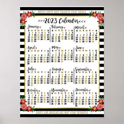 2023 Year Calendar Floral Stripes  Custom Text Poster