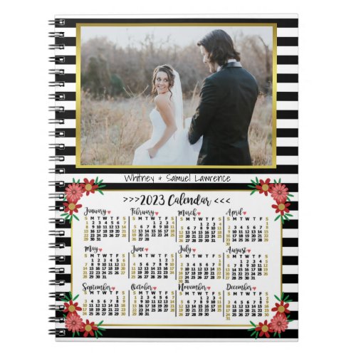 2023 Year Calendar Preppy Floral Stripes  Photo Notebook