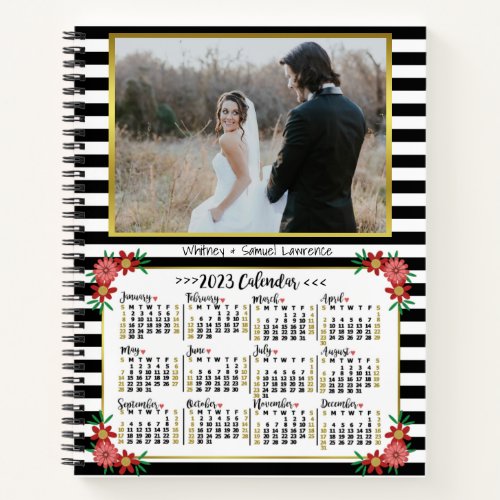 2023 Year Calendar Preppy Floral Stripes  Photo Notebook