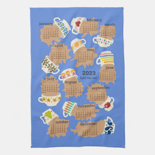 2023 year calendar Spill the Tea Gossip Teacups Kitchen Towel (Vertical)