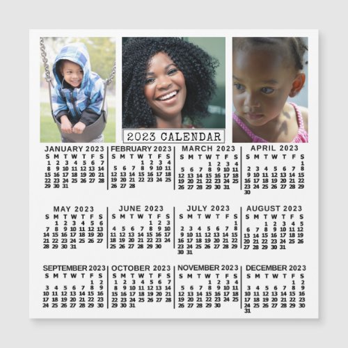 2023 Year Calendar White  3 Photo Collage Magnet