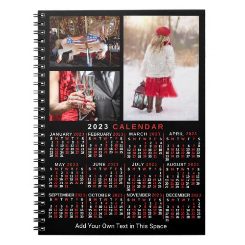 2023 Year Monthly Calendar Black Custom 3 Photos Notebook