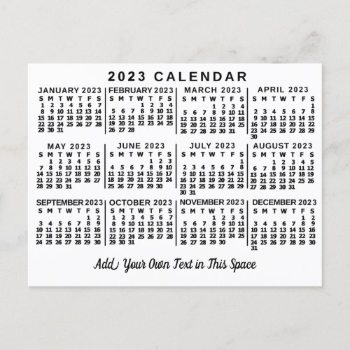 2023 Year Monthly Calendar Classic White and Black Postcard