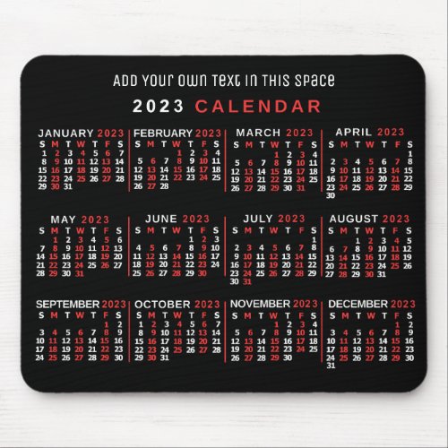 2023 Year Monthly Calendar Custom Black Red White Mouse Pad