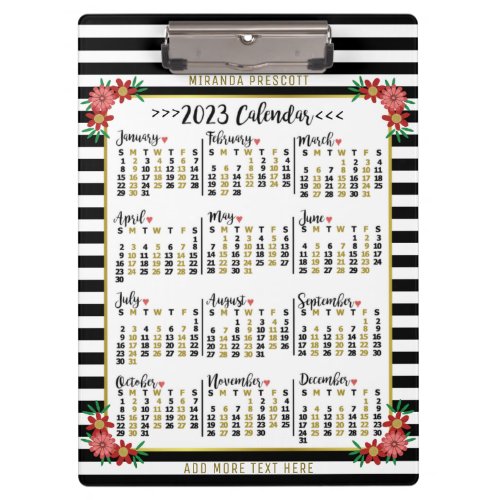 2023 Year Monthly Calendar Floral Stripes  Custom Clipboard