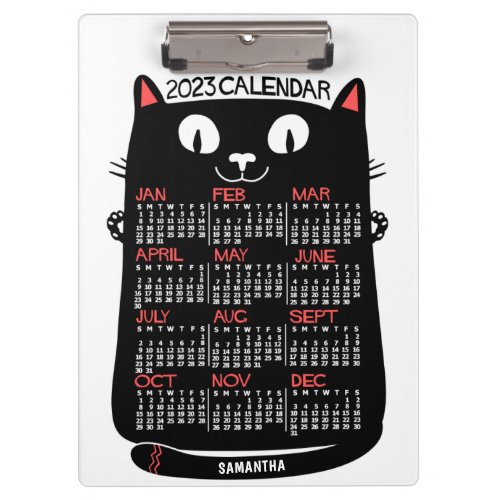 2023 Year Monthly Calendar Mid_Century Black Cat Clipboard