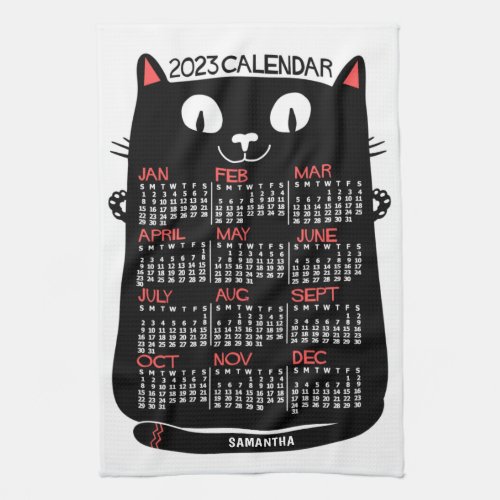 2023 Year Monthly Calendar Mid_Century Black Cat Kitchen Towel