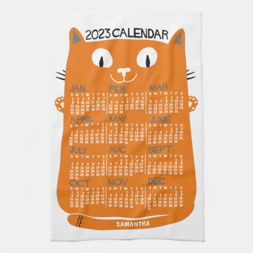 2023 Year Monthly Calendar Mid_Century Orange Cat Kitchen Towel