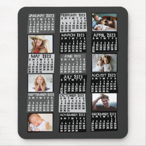 2023 Year Monthly Calendar Mod Black Photo Collage Mouse Pad