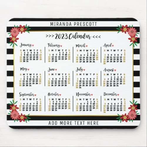 2023 Year Monthly Calendar  Preppy Floral Stripes Mouse Pad