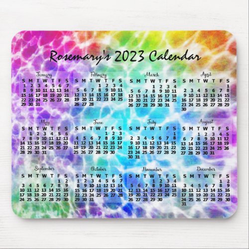 2023 Year Monthly Calendar Tiedye Hippie Rainbow Mouse Pad