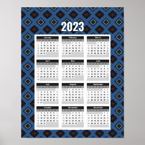 2023 Year Poster Calendar Blue Brown diamonds