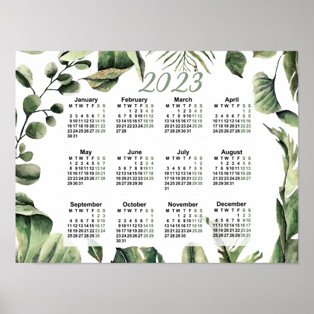 2023 Yearly Calendar, Watercolor Calendar, Monday Poster (Front)
