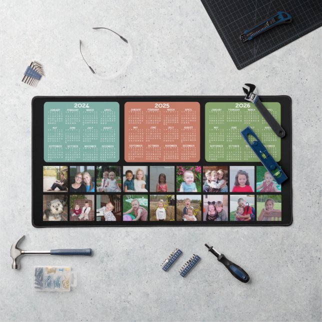 2024 2025 2026 Calendar with 18 Photos - black Desk Mat (Workstation)