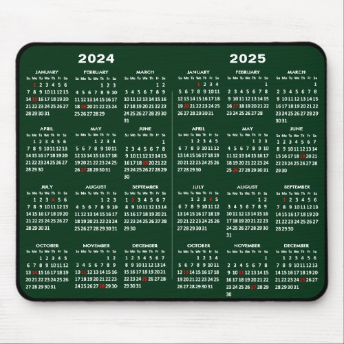 2024_2025 2 Year Calendar Simple Green US Holidays Mouse Pad