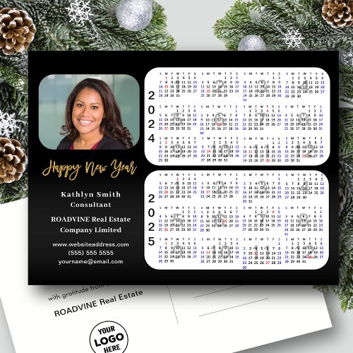 2024 2025 Calendar Modern Black Business Photo  Holiday Postcard