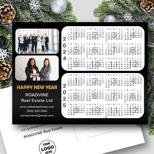 2024 2025 Calendar Modern Black Corporate 2 Photo Holiday Postcard