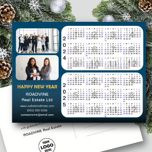 2024-2025 Calendar Modern Blue Corporate 2 Photo Holiday Postcard