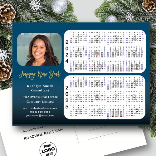 2024 2025 Calendar Modern Gold Blue Business Photo Holiday Postcard