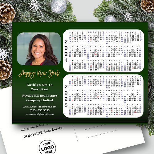 2024 2025 Calendar Modern Green Business Photo Holiday Postcard