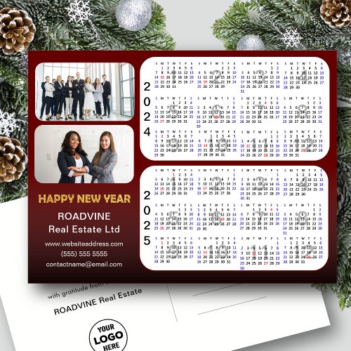 2024 _ 2025 Calendar Modern RED Corporate 2 Photo  Holiday Postcard