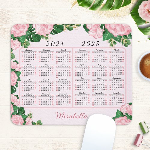 2024 2025 Calendar Personalized Pink Floral Mouse Pad