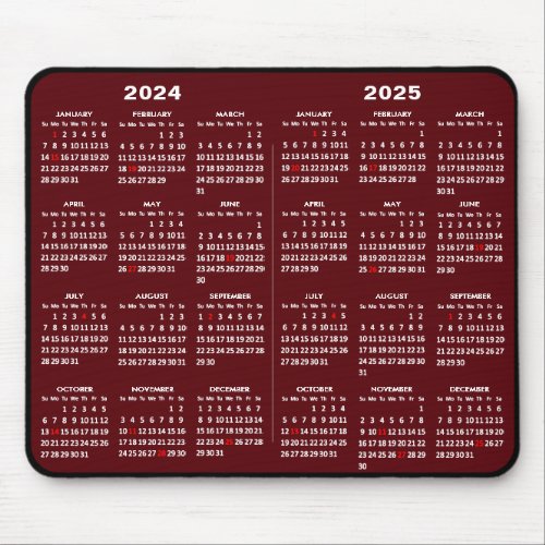 2024 _ 2025 Calendar Simple Red with US Holidays Mouse Pad