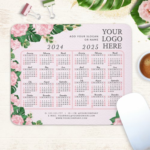 2024 2025 Calendar Your Business Logo Pink Floral Mouse Pad