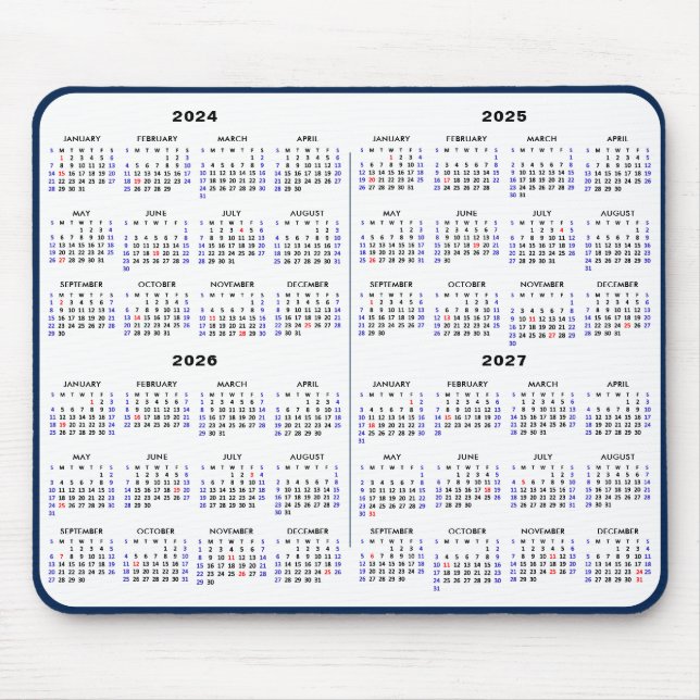 2024 - 2027 4 Year Calendar Simple Blue US Holiday Mouse Pad (Front)