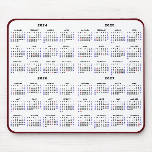 2024_2027 4 Year Calendar Simple Red US Holiday Mouse Pad