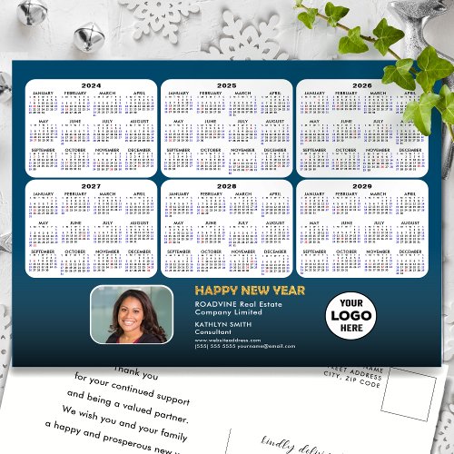 2024 _ 2029  6 Year Calendar Modern Blue Corporate Holiday Postcard
