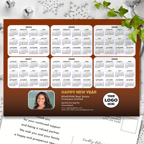 2024 _ 2029  6 Year Calendar Modern Brown Business Holiday Postcard