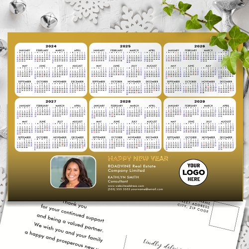 2024 _ 2029  6 Year Calendar Modern Gold Corporate Holiday Postcard