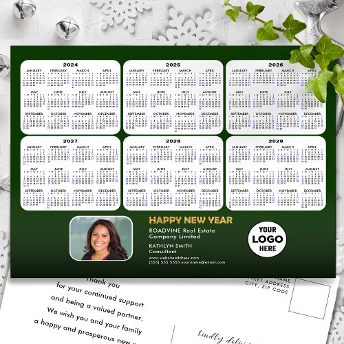 2024 _ 2029  6 Year Calendar Modern Green Business Holiday Postcard