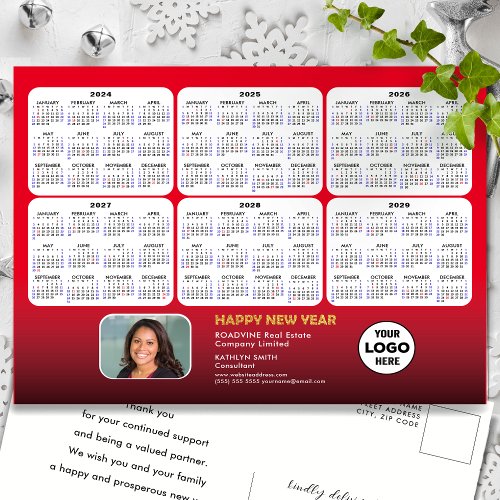 2024 _ 2029  6 Year Calendar Modern Red Corporate Holiday Postcard