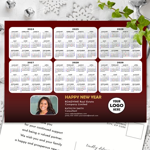 2024 _ 2029  6 Year Calendar Modern Red Corporate Holiday Postcard