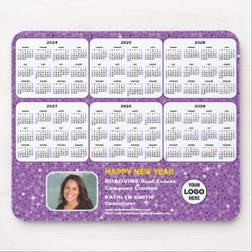 2024 _ 2029 Calendar Business Photo Purple Glitter Mouse Pad