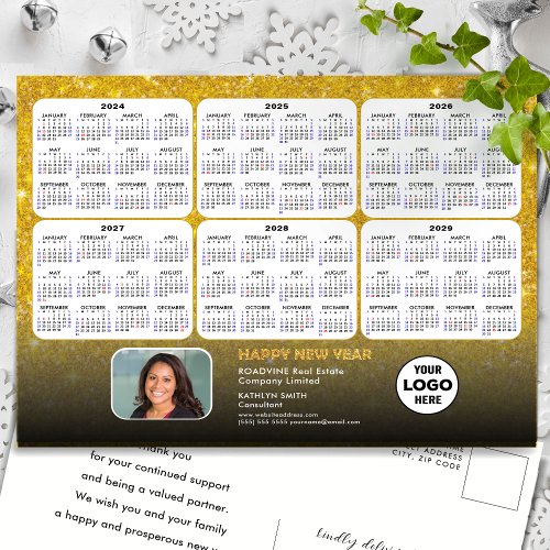 2024 _ 2029  Calendar Modern Gold Glitter Business Holiday Postcard