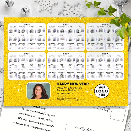 2024 _ 2029  Calendar Modern Gold Glitter Business Holiday Postcard