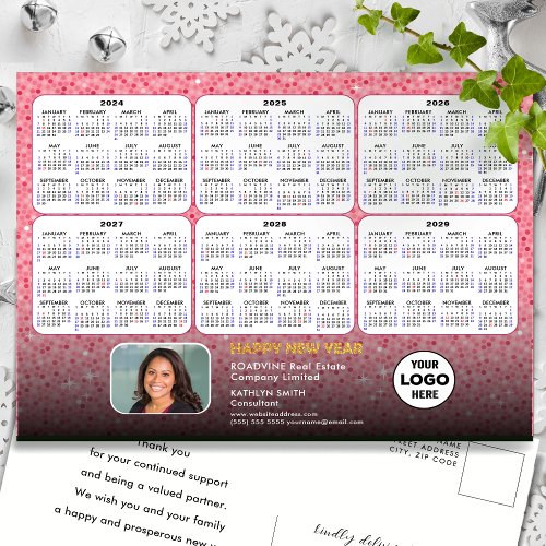 2024 _ 2029 Calendar Modern Pink Glitter Corporate Holiday Postcard