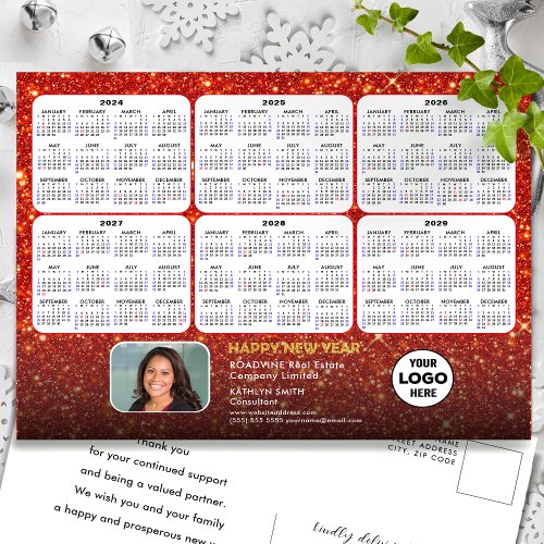 2024 _ 2029 Calendar Modern Red Glitter Corporate  Holiday Postcard
