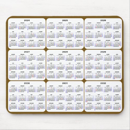 2024 _ 2032 Calendar with US Holidays Brown Gold Mouse Pad